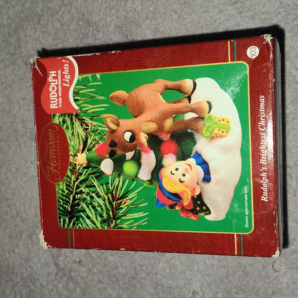 Vintage Carlton cards, heirloom ornament of Rudolph, the red nose reindeer